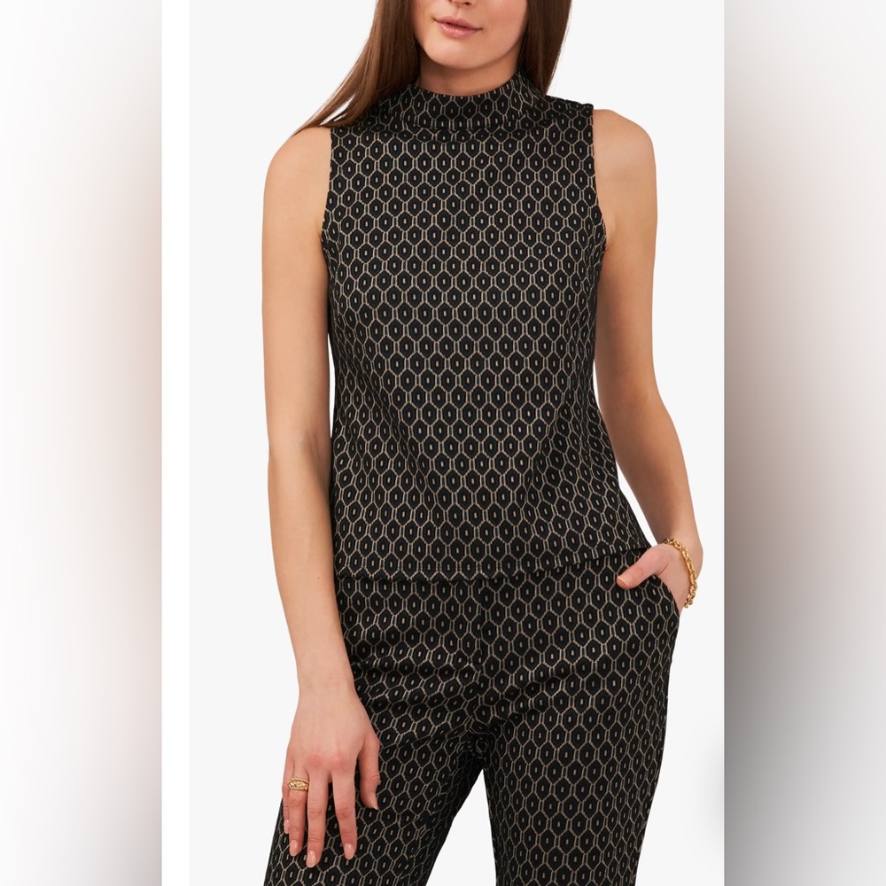 NWT Vince Camuto Sleeveless TopWomens 1X Black Geometric Jacquard Mock Neck